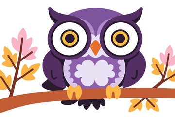 Fototapeta premium Cute Cartoon Owl Illustration-Autumn Themed Art-Adorable Purple Owl Perched on a Branch with Colorful Leaves-Charming Animal Illustration for Kids and Adults