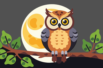 Naklejka premium Cute Cartoon Owl Illustration-Owl Perched on a Branch at Night-Full Moon Backdrop-Ideal for Kids Room Decor-Whimsical Owl Art Print