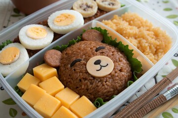 Bento featuring a sleeping bear made from brown rice, surrounded by cheese blanket and egg pillows.