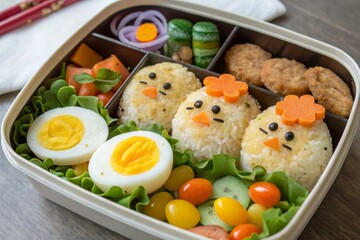 Bento with chick-shaped egg yolks, shaped rice animals, and colorful vegetable sides.