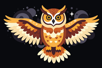 Obraz premium Cute Cartoon Owl Illustration-Whimsical Bird Art Against Night Sky-Colorful Owl Graphic Design-Owl with Open Wings-Unique Animal Illustration