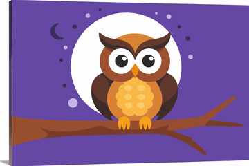 Obraz premium Cute Cartoon Owl on Branch in Moonlight-Whimsical Owl Art for Kids Room-Night Owl Illustration for Nursery-Purple Background with Moon and Stars