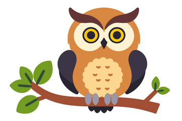 Fototapeta premium Cute Cartoon Owl Sitting on a Branch-Adorable Owl Illustration for Kids-Whimsical Bird Graphic-Owl with Big Yellow Eyes-Nature Inspired Owl Clipart