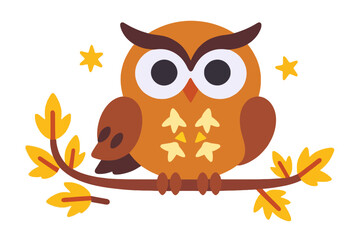 Fototapeta premium Cute Cartoon Owl Sitting on a Branch with Autumn Leaves-Fall Decor and Graphic Design Element-Whimsical Animal Illustration for Seasonal Projects