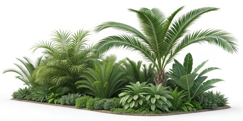 Obraz premium Lush Tropical Plant Bed with Palms and Banana Leaves, Garden design , landscaping