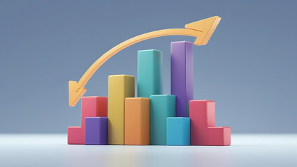 A dynamic 3D business growth chart with an upward arrow illustrates financial market success and investment progress