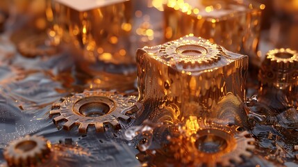 Detailed close-up of intricate gears submerged in liquid.