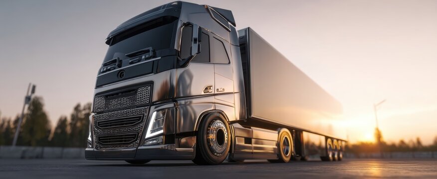 Fototapeta The sleek truck parked on a road during a picturesque sunset.