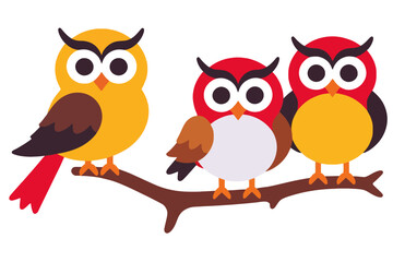 Fototapeta premium Cute Cartoon Owls on a Branch Illustration - Colorful Owl Family Art for Kids - Whimsical Bird Design for Children's Decor-Adorable Animal Clipart