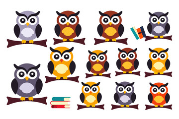 Cute Cartoon Owls on Branches Vector Illustration- Colorful Owls Clip Art for Kids- Back to School Owl Theme Graphics- Owl Books and Decoration Image