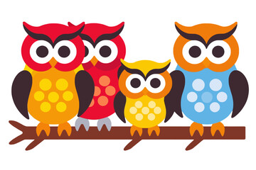 Fototapeta premium Cute Colorful Owls On A Branch- Whimsical Bird Illustration- Cartoon Owl Family- Adorable Owl Art- Nature Inspired Graphics- Childrens Decor- Kids Room Art