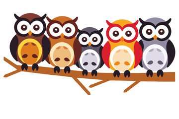 Fototapeta premium Cute Colorful Owls on a Branch Illustration-Whimsical Owl Family Graphic-Adorable Cartoon Owls Vector-Perfect for Kids Decor and Educational Resources