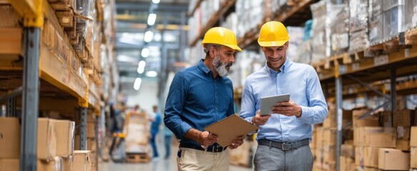 The professionals collaborating in a warehouse to enhance operational efficiency.