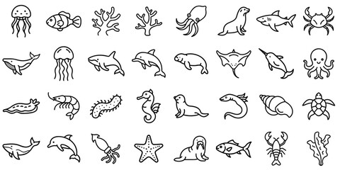 Marine Life related Line Icon Set. Includes jellyfish, fish, coral, octopus, seal, shark, crab, whale, dolphin, manatee, ray, seahorse, shrimp, sea cucumber, eel, Editable strokes. Vector illustration