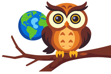 Obraz premium Cute Owl on Branch with Earth Cartoon - Wise Bird Illustration for Kids - Educational Art about Nature and Geography - Childrens Book Image