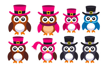Cute Owls Wearing Hats Vector Illustration-Colorful Cartoon Bird Characters-Design Element for Childrens Decor-Stationery and Creative Projects