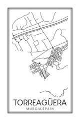 Hand drawn printable downtown road map poster of district TORREAGÜERA of the Spanish city of MURCIA on solid white background with city name
