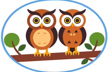 Fototapeta premium Two Cute Cartoon Owls Perched on a Branch - Owl Illustration for Kids - Whimsical Owl Art for Children - Nature Inspired Owl Design