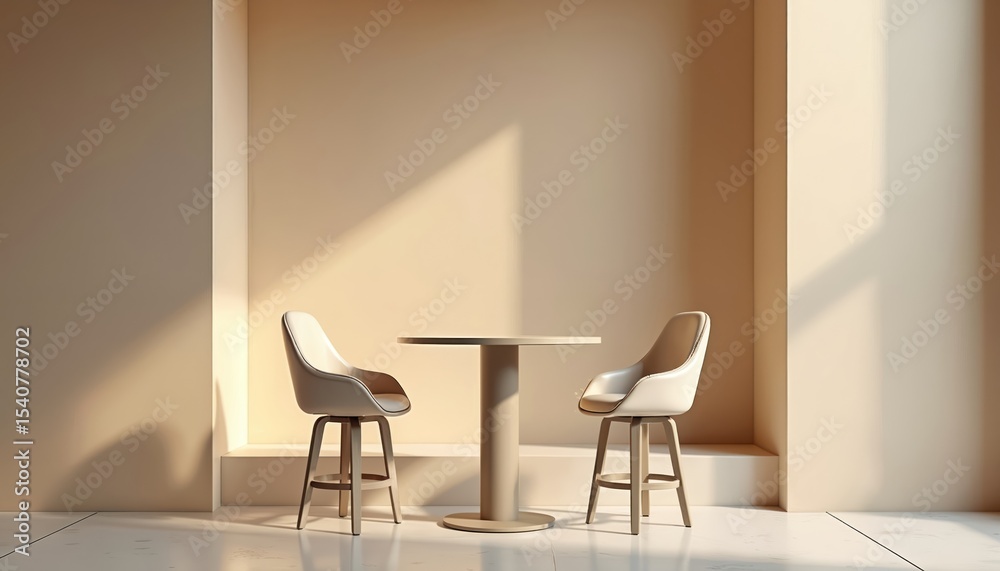 Poster Minimalist bar table scene with two chairs. Soft lighting casts shadows, creating elegant atmosphere. Perfect for product showcase, interior design, virtual setting backgrounds. Empty space for
