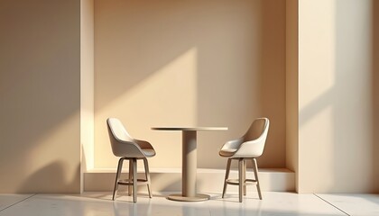 Minimalist bar table scene with two chairs. Soft lighting casts shadows, creating elegant atmosphere. Perfect for product showcase, interior design, virtual setting backgrounds. Empty space for