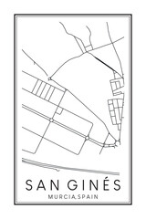 Hand drawn printable downtown road map poster of district SAN GINÉS of the Spanish city of MURCIA on solid white background with city name