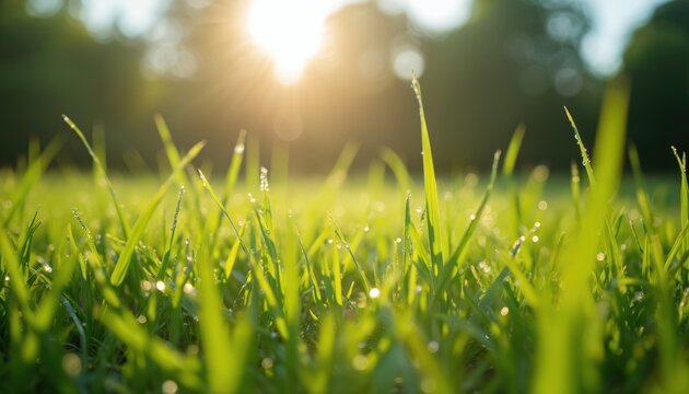 Field of green grass with sparkling water droplets in morning sunlight. Fresh dew drops on grass blades. Natural eco background. Nature concept with bright sun rays for design.