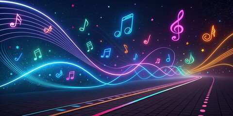 Neon Music Notes on Glowing Road to the Stars, musical , abstract art
