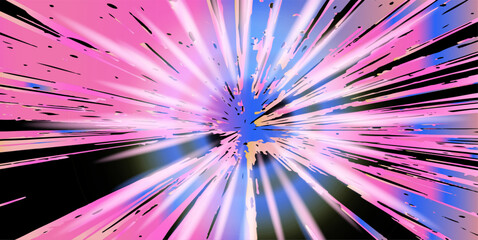 Fototapeta premium Bright digital vector illustration, featuring a neon pink central star with blue radial streaks on a black background. Uses popular vivid sci-fi and cyberpunk color trends, with sharp bursting lines.