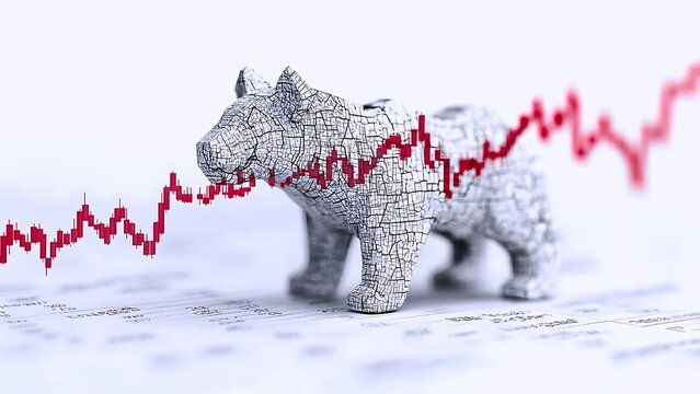 A bear statue is depicted with a red graph of stock prices