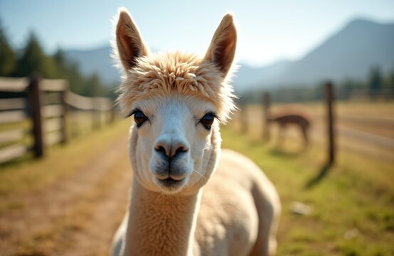 Close-up of Alpaca looking directly at camera. Fluffy alpaca with brown eyes. Sunny day on farm with fence and green trees. Pet animal on pasture. Farming, livestock concept.