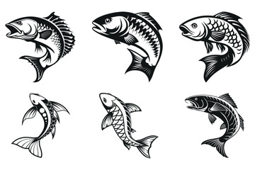 Fototapeta premium Set of Black and White Fish Silhouettes