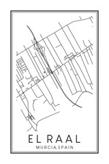Hand drawn printable downtown road map poster of district EL RAAL of the Spanish city of MURCIA on solid white background with city name