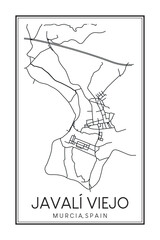 Hand drawn printable downtown road map poster of district JAVALÍ VIEJO of the Spanish city of MURCIA on solid white background with city name