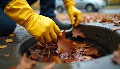 Worker wearing yellow gloves removing fallen leaves from storm drain. Maintenance of city infrastructure, stormwater runoff prevention, preventing floods, keeping clean urban environment during
