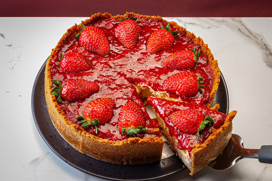 Torta de morango servida em fatias.