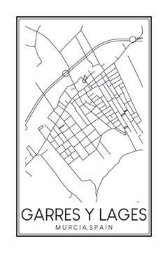 Hand drawn printable downtown road map poster of district GARRES Y LAGES of the Spanish city of MURCIA on solid white background with city name