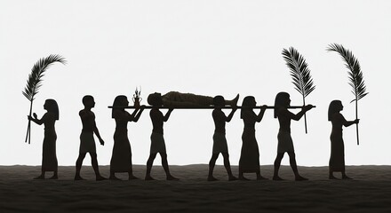 Ancient Egyptian Funeral Procession with Mummified Body and Palm Fronds – Historical and Cultural Ritual.
