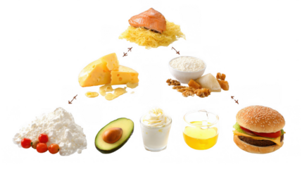 Different food forming a pyramid with increasing body fat, including cheese, walnuts, avocado, whipped cream, oil, burger, rice and salmon with pasta, isolated on transparent background