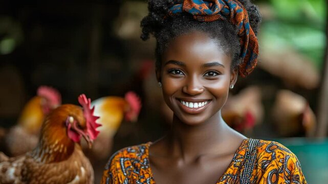 Happy African woman poultry farm chickens.