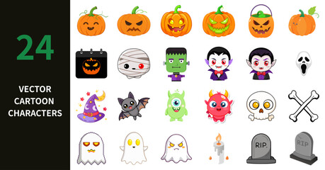 Obraz premium Halloween themed Vector Cartoon Character Set. Includes pumpkin, calendar, mummy, vampire, ghost, bat, monster, skull, witch, candle, tombstone, demon, Editable designs. Vector illustrations.