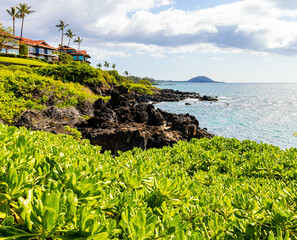 The Rocky Shoreline of Wailia Beach With The West Maui Mountains in The Distance, Wailia, Maui,...