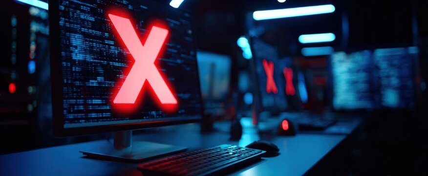 The illuminated computer displaying a warning signal in a cyber environment.