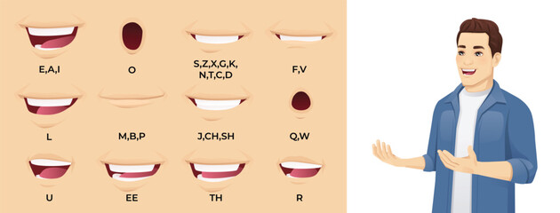 Handsome man character mouth animation half turn view set. Vector illustration of male lips collection with sound pronunciation. 