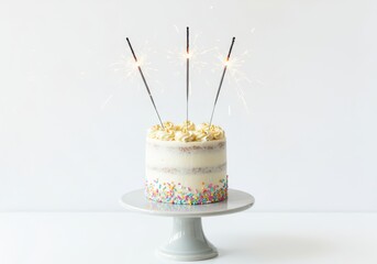Celebration cake with sparklers isolated on white background