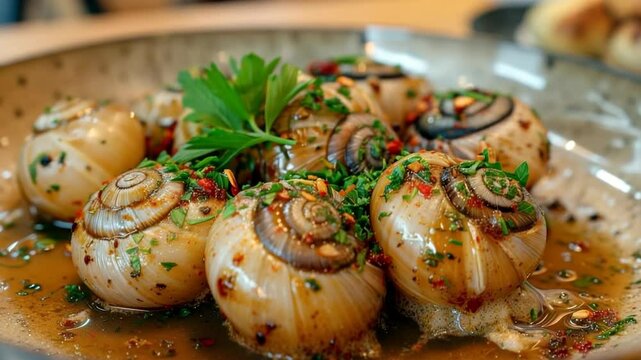 A dish of escargot in garlic sauce with parsley.