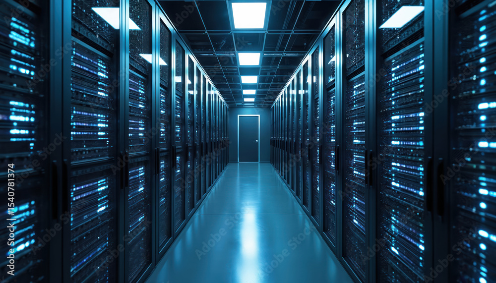 Aufkleber Organized server system with advanced tech powers digital economy. Data center high tech infrastructure, data processing, network performance. Modern server room with cloud computing, internet,