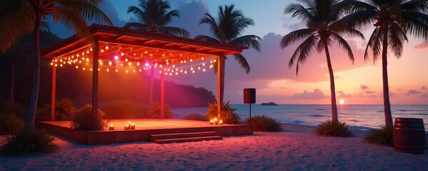 Sunset beach concert stage lit by string lights, stage lights, candles, warm evening atmosphere. Tropical view with palm trees, ocean, soft sand. Event or party location.