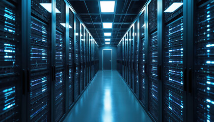 Organized server system with advanced tech powers digital economy. Data center high tech infrastructure, data processing, network performance. Modern server room with cloud computing, internet,