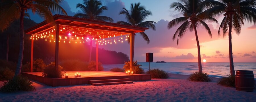 Sunset beach concert stage lit by string lights, stage lights, candles, warm evening atmosphere. Tropical view with palm trees, ocean, soft sand. Event or party location. - Powered by Adobe