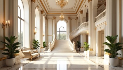 Luxury royal entrance hall with staircase interior design. Beige and white palace hall with columns and chandelier. Architecture, classic design, light, marble floor, plants.